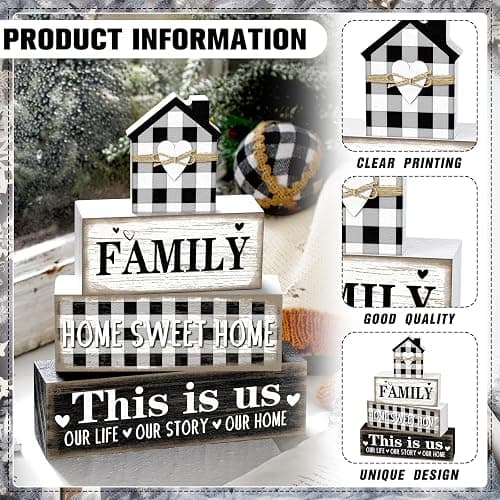 Cinnvoice 4 Pcs Farmhouse Table Decorations Rustic Home Sweet Tiered Tray Decor This Is Us Centerpiece Farmhouse Family Blesseheart House Block Sign Gift for Kitchen Shelf Office Indoor(Buffalo Plaid) thumbnail 4