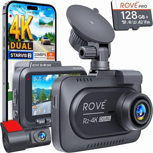 ROVE R2-4K Dual Dash Cam Front and Rear, SRTARVIS 2 Sensor, Free 128GB Card | 4K Front + FHD Rear Rcording, 5.8GHz WiFi, 20MB/s Download Speed, App, GPS, 3" IPS Screen, 24-Hr Parking Mode, Night Vision - Image 1