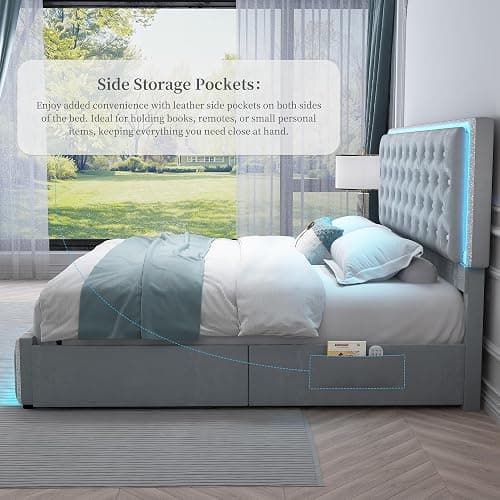 SIBEDS Queen Led Bed Frame with 2 Drawers, Storage Platform Queen Size Upholstered Bed Frames with Crystal Button Tufted Headboard, Solid Slats Support, Noise Free, No Box Spring Needed, Velvet Grey thumbnail 6