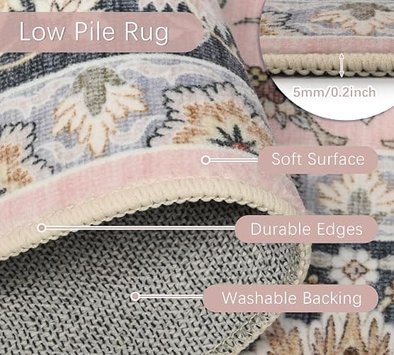 jxgzyy Washable Area Rug 5x7, Non Slip Living Room Rug, Large Low Pile Soft Carpet Pet Friendly Home Decor for Bedroom Dining, Pink thumbnail 3