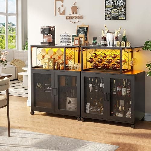 Girapow Small Bar Cart with Wheels, Liquor Cabinet with LED Light, Wine Bar Cabinet with Power Outlets, Home Mini Bar with Wine Rack, Glasses Storage for Kitchen, Dining Room, Living Room, Black - Black thumbnail 2