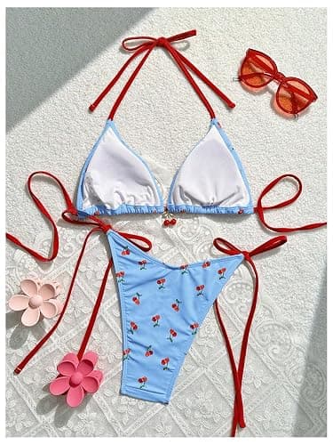 WDIRARA Women's 2 Piece Swimsuit Cherry Print Side Tie Halter Bikini Set | Self Tie Thong,Summer Beachwear,Side Tie,Halter Triangle,Vacation,Cute String Bathing Suits thumbnail 2