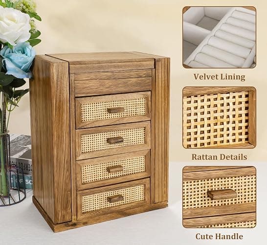 Jewelry Organizer, Rattan Jewelry Box, 5 Layer Wooden Jewelry Organizer Box with Mirror, Jewelry Boxes with 4 Drawers for Women Men, Jewelry Storage for Rings Earrings Necklaces Bracelets Watch thumbnail 4
