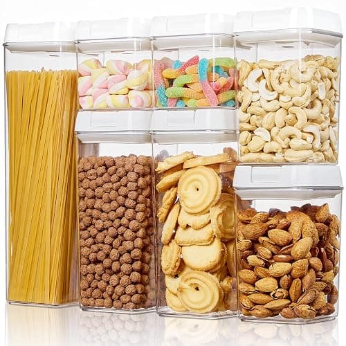 Vtopmart Airtight Food Storage Containers, 7 Pieces BPA Free Plastic Cereal Organizer Canisters with Easy Lock Lids, for Kitchen Pantry Organization, 24 Labels, White - Image 1