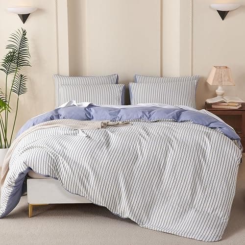 TISPLR Striped Comforter Queen Blue Soft Luxury Washed Microfiber Jacquard 3 Pieces Bedding, White Blue Vertical Ticking Stripes Pattern Comforter with 2 Pillowcases Breathable Durable Comfy thumbnail 3