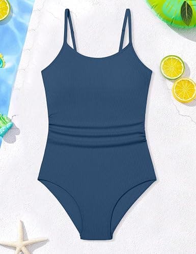 Qaoerde Girls Swimsuit One Piece Ruched Solid Color Bathing Suit for Girls Ribbed Adjustable Straps Pad Swimwear 9-16Y thumbnail 7