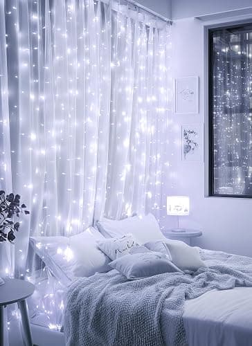 Brightown 300 LED Fairy Curtain Lights, 9.8ft x 9.8ft White Curtain String Lights, Winter Wonderland Decorations, USB Plug 8 Modes LED Christmas String Hanging Lights with Remote for Indoor Outdoor thumbnail 4