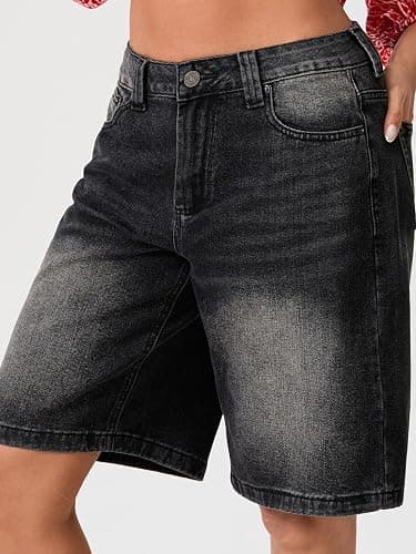 NUFIWI Women Baggy Denim Bermuda Shorts Y2k Straight Denim Shorts | Jean Shorts Womens, Wide Leg, Short Pants, Vintage, Casual, Knee Length, Long Jorts with Pockets, Oversized, Trendy thumbnail 6