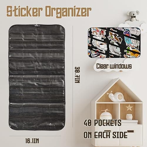 Monciysn 2 Pack Hanging Sticker Display, Double-Sided 80 Pockets Wall Hanging Sticker Organizer Storage, Sticker Holder for Vendor Events and Trade Shows (Black) thumbnail 3