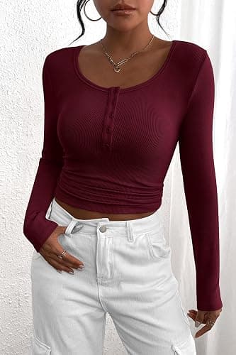 PRETTYGARDEN Women's Fall Long Sleeve Henley T Shirts | Soft Ribbed Knit, Button Up, Slim Fitted, Layering Tops, Plain Basic Tee, Trendy Casual, Spring Outfits, Fashion Clothing thumbnail 3