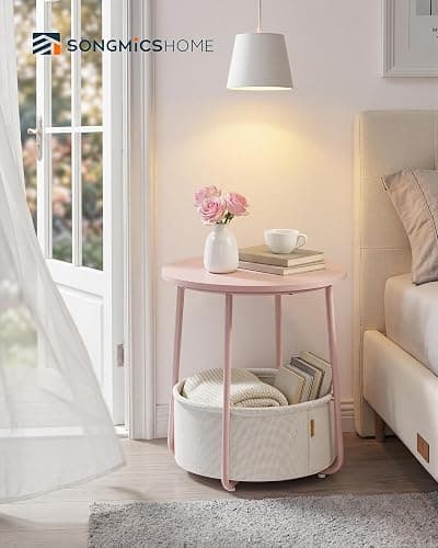 SONGMICS HOME Small Side Table, Round End Table, 2 Tier Nightstand with Basket, U Shaped Steel Legs, Easy Assembly, for Living Room, Bedroom, Pink and White thumbnail 3