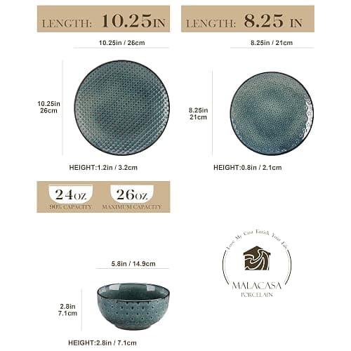 MALACASA 12 Pieces Dinnerware Sets, Farmhouse Plates and Bowls Sets, Embossed Green Dish Set for 4, Vintage Relief Ceramic Dish Set, Chip-Resistant, Microwave and Dishwasher Safe, Series LYDIA thumbnail 2
