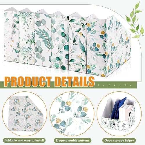 PerKoop 6 Pcs Decorative Magazine File Holders Foldable, Eucalyptus Leaves | Eucalyptus Leaves Pattern Design, Rack Desk Organizer Documents, with Printable Labels, for School Office Home Organization thumbnail 4