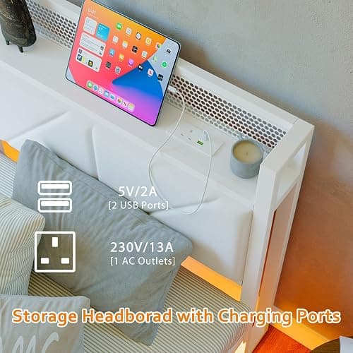HAHRIR Single Floating Metal Bed Frame with LED Lights & USB Charging Station, 90×190cm Metal Platform Bed Frame with 3ft Upholstered Headboard Storage,Heavy Duty Metal Slats, Noise Free/White thumbnail 5