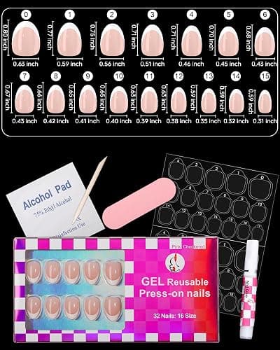 LY LANYOS 16 size white french tip almond press on nails for women,32 pcs super short petite oval nails with glue and stick ，nude french thumbnail 4