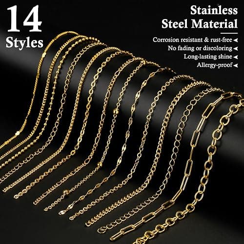 ROADPLUM 14 Roll Gold Chains for Jewelry Making - 102Ft Chains (Copper & Stainless Steel) with 2 Jewelry Pliers, 260+ Lobster Clasps, Jump Rings & Connectors - Complete DIY Chain Supplies for Crafter thumbnail 2