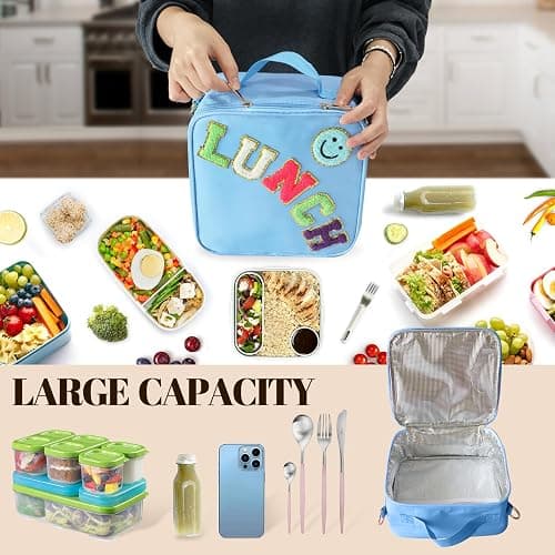 Insulated Lunch Bag With Adjustable Shoulder Strap, Nylon Preppy Lunch Box Large Insulated Lunch Bag Reusable Lunch Tote Bag with Smiley Preppy LunchBag for Girls School Travel Picnic (Dark blue) thumbnail 6