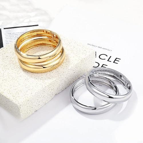 A Golden Cloud 2Pcs Bangle Bracelets for Women Gold Arm Cuff 14k Gold Plated Chunky Gold Bangle Set Hinged Cuff Bracelets Trendy Arm Cuff Jewelry for Women thumbnail 6