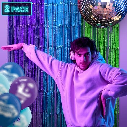 Mega-L Video Game Birthday Decorations, 2Pack Purple Blue Green for Night Backdrop Streamers 3.3x6.6ft Foil Fringe Curtains for Boys Game Fans Holiday Party Supplies Pixel Photobooth Props Wall Decors thumbnail 4