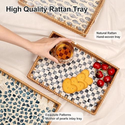 Tynulox Rectangle Rattan Tray with Mother of Pearl Inlay, Rattan Serving Tray with Handle for Coffee, Bread, Fruits, Snacks, Decorative Wicker Tray for Table Decor (Black Checkerboard, 13"×9") thumbnail 6