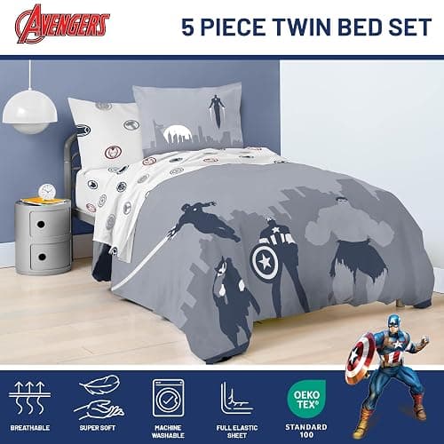 Jay Franco Marvel Avengers Twin Size Comforter Set - 5 Piece Bedding Includes Sheet Set & Pillow Covers - Super Soft Cozy Bedding with Captain America, Hulk, Iron Man and Thor thumbnail 5