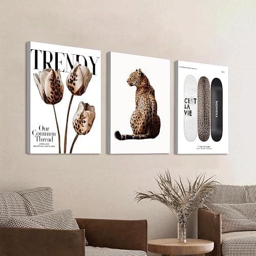 3Pcs Framed Trendy Leopard Print Canvas Wall Art Picture Stylish Female Aesthetic Poster Cheetah Printed Preppy Fashion Skateboard Wall Decor for Bedroom Apartment Dorm Living Room 12x16in thumbnail 2