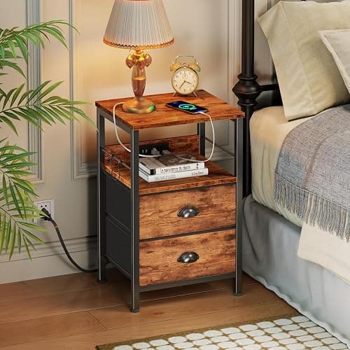Furologee End Table with Charging Station, Nightstand with Fabric Drawers, Side Table with USB Ports & Outlets, Night Stand with Storage Shelf & Hooks, for Living Room/Bedroom, Rustic Brown thumbnail 2