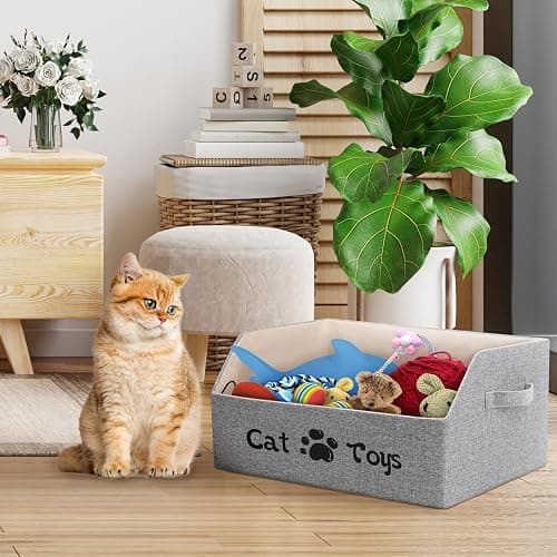 LOVSTORAGE 2X Thicker Large Cat Toy Bin Collapsible Cat Toy Box Sturdy Cat Toy Basket Kitten Toy Storage Bed for Organizing Cat Toys Treats Clothes and Accessories (Grey) thumbnail 6