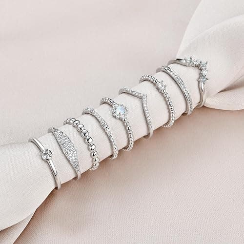 PLOMFOV 14K Silver Plate Stacking Rings Set for Women V Opal Flower CZ Rings Simple Thumb Thin Stackable Rings Silver Statement Rings Plain Band Size 4-11 thumbnail 7