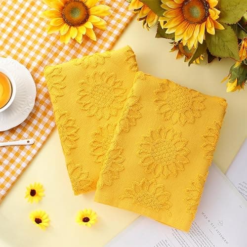 SmoothNovelty 2 Pcs Yellow Sunflower Hand Towels 100% Cotton Jacquard Weave | Bath Towel Set Soft Absorbent Dish Washcloth for Bathroom Kitchen Summer Theme Gifts, 13.8x29.5 Inch thumbnail 6