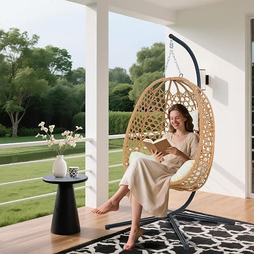 EortheX Hanging Egg Chair with Cushions – Comfortable Rattan Swing Chair with Stand for Patio, Garden, or Balcony – Stylish and Relaxing Outdoor Lounge Chair, 350LBS Capacity Indoor Outdoor (Beige) thumbnail 8