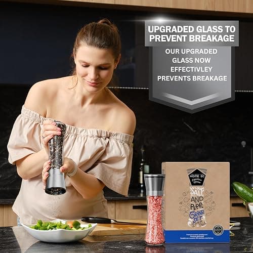 Home EC Premium Stainless Steel Sea Salt and Pepper Grinder Set of 2 - Adjustable Ceramic - Tall Glass Salt and Pepper Shakers - Kitchen Spice Mill W/Funnel & EBook thumbnail 8