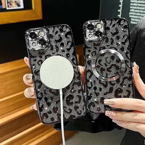 ZONRW for iPhone 14 Plus Case Magnetic,Soft Cute Luxury Leopard Cheetah Pattern Plating Glitter Bling Phone Case Compatible with MagSafe Clear Shockproof Back Cover for Women Girl 6.7"-Black thumbnail 4