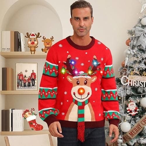 Ugly Christmas Sweater Women Men,Light Up Christmas Sweater for Couples,Funny Cute Reindeer LED Xmas Tacky Sweaters thumbnail 2