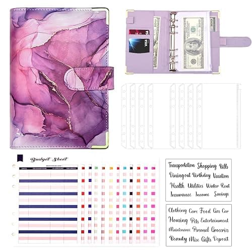 Budget Binder, A6 Marble PU Leather Binder, 6 Ring Budget Planner Organizer with 8 Zipper Cash Envelopes, 12 Expense Budget Sheets, 2 Letter Label Sticker for Budgeting, Saving Money (Purple) - Image 1