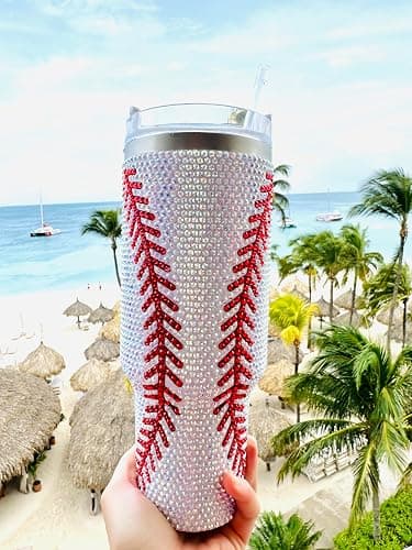SEM LIFE 40 Oz Rhinestone Bling Tumbler Cup with Handle and Straw (BASEBALL), Stainless Steel and Double Wall Insulated thumbnail 2