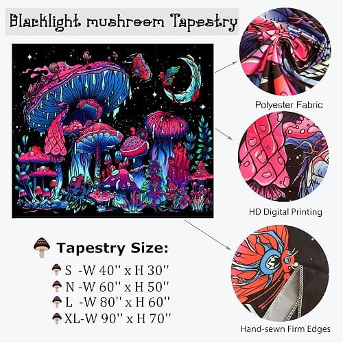 TUGCAY Blacklight Mushroom Tapestry, Glow In The Dark Black Light Plant Tapestry Fantasy UV Reactive Mushroom Butterfly Moon Tapestries Posters Wall Hanging for Bedroom Dorm Decor(30"x40") thumbnail 6