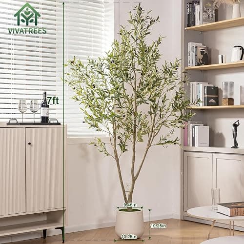 VIVATREES Olive Trees Artificial Indoor, 7FT Tall Faux Olive Tree with White Tall Planter, Artificial Plants with Natural Wood Trunk and Lifelike Fruits for Home Office Decor - White-7ft thumbnail 2
