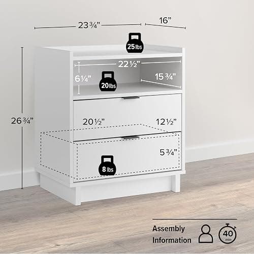 Prepac Simply Modern Nightstand Bedside Table, White Nightstand for Bedroom, End Table with 2 Drawers and Open Shelf 23.75" W x 26.75" H x 16" D thumbnail 3