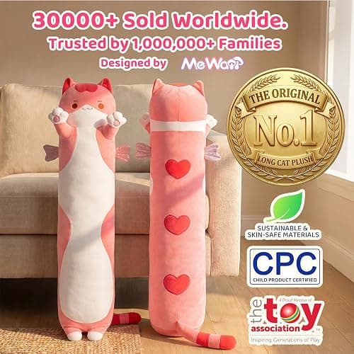 Mewaii Kids Body Pillow Pink Long Cat Plush 20 in, Extra Filling Soft Cute | Ultra-Soft Stretch Fabric, Huggable Cat Plush, For Bedtime, Sofa Back Cushion, Cute Kawaii Cat Design, Gift for Kids & Girls thumbnail 3