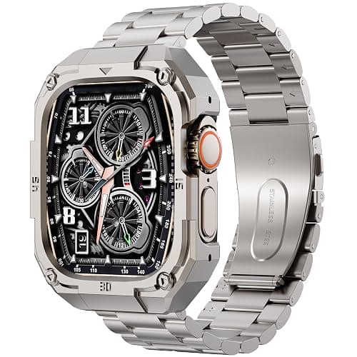 Formal Stainless Steel Band/Case Compatiable for 45mm Apple Watch Band for Men,Metal Apple Watch Bumper Case with Strap for iWatch Band Series 9 8 7,Titanium - Image 1