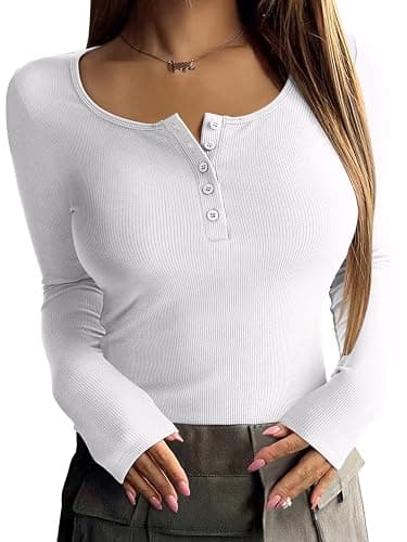 REORIA Women's 2025 Fall Long Sleeve Henley T Shirts Button Ribbed Knit Slim Fit Casual Basic Tops Blouse thumbnail 6