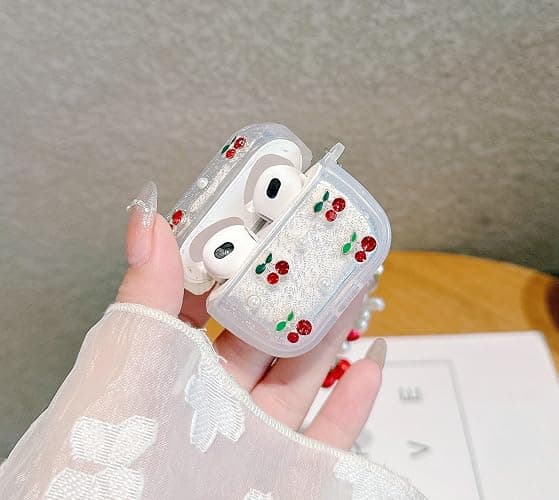 JANDM 3D Cherry Case with Keychain for AirPods 4, Clear Diamonds Aesthetic Shockproof Cover with Cute Pearl Strap for Women Girls Protective Cover thumbnail 6