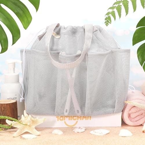 famichan Mesh Shower Caddy Portable with Drawstring, Dorm Room Essentials for College Students, Grey Shower Bag for Camping,Swimming,Gym,Travel,Bathroom thumbnail 2