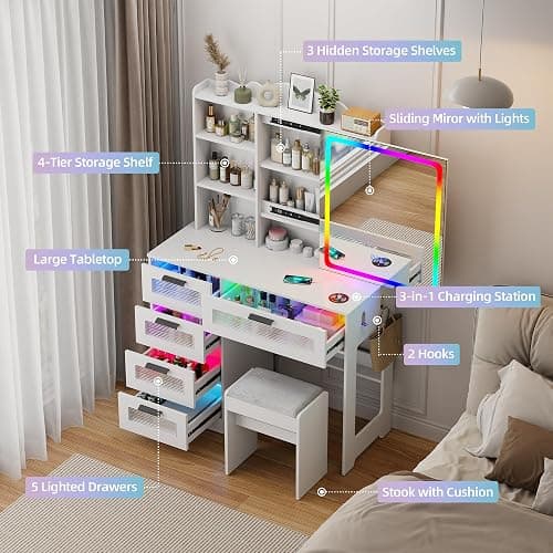 Gurexl RGB Vanity Desk with Sliding Mirror and Lights,Glass Top Makeup Vanity with Wireless Charging Station,7 Dynamic and 7 Static Dimmable Dressing Table with 5 Drawers,Shelves,Hooks,Stool thumbnail 6