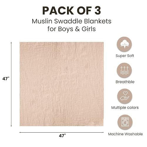 Konssy 3 Pack Muslin Swaddle Blankets for Unisex, Newborn Receiving Blanket, Large 47 x 47 inches, Soft Breathable Muslin Baby Swaddles for Boys & Girls thumbnail 3