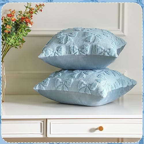 Mixweer Blue Bow Pillow Covers Set of 2 Preppy Room Decor Coquette Cute Spring Summer Decorative Faux Fur Soft Bowknot Stuff Fluffy Plush Aesthetic Pillowcase for Bed Sofa Couch (18 x 18 Inch) thumbnail 7