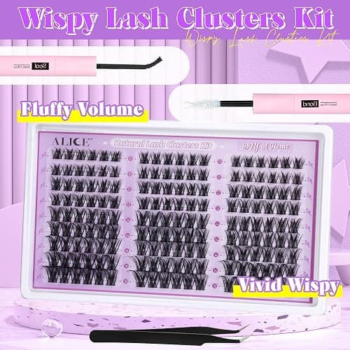 ALICE Wispy Lash Clusters Kit Natural Fluffy Lash Extension Kit Cluster Eyelash Extension Kit 162pcs C Curl 10-18mm Eyelash Clusters with Lash Glue Bond and Seal Lash Tweezers thumbnail 5