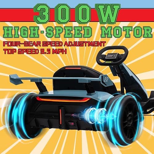 KerryYoo K61 Go Kart Electric Drift Kart with Length Adjustable Seat, 24V Outdoor Ride on Toy with 4 Speed Mode, Crazy Cart for Kids 6-12 Years Old, Fast 300W Motor, 8.5 MPH, Bluetooth - Blue thumbnail 3