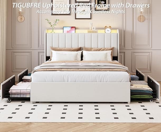 Full Bed Frame with 4 Drawers and Storage Headboard, Upholstered Platform Bed Frame Full Size with Led Lights and Handy Charging Station, No Box Spring Needed, Easy Assembly, Noise Free, Beige thumbnail 9